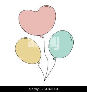 Color balloons in doodle style. Heart shaped balloon. Vector illustration isolated on white background. Festive decoration for party, birthday, weddin Stock Vector