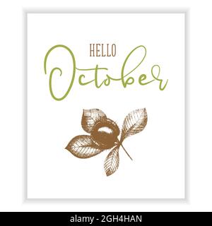Hello October vector chestnut template hand drawing, design for banner, greeting card or print. Vector illustration Stock Vector