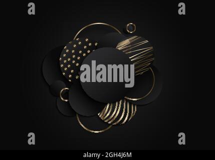 Abstract black circles geometric overlapping layered with gold lines pattern elements on dark background. Luxury style. Vector illustration Stock Vector