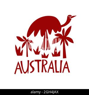 Vector hand drawn stylized map of Australia. Travel illustration of Commonwealth of Australia shape. Hand drawn lettering illustration. South lands ma Stock Vector