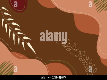 Abstract hand drawn brown organic shape with leaves lines on white background. Vector illustration Stock Vector
