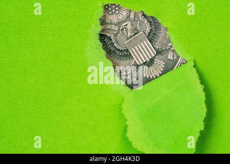 Fragment of a US dollar bill in a paper hole in detail Stock Photo