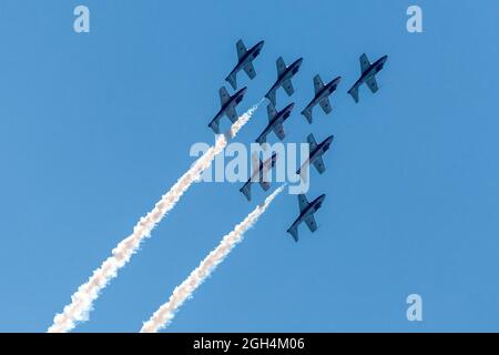 Planes of the The Canadian Forces (CF) Snowbirds, 431 Air Demonstration Squadron flying in formation during the Canadian International Air Show (CIAS) Stock Photo