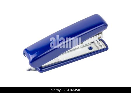Stapler on a white background. Blue stapler. Isolate on white. Stationery. Stock Photo