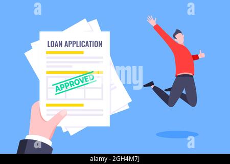 Hand holds loan approval application paper sheets document. Mortgage or credit form with stamp approved and happy person jumping behind flat style des Stock Vector