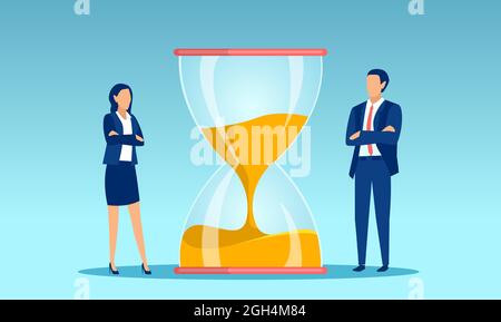 Vector of a businessman and a businesswoman standing and looking at hourglass Stock Vector