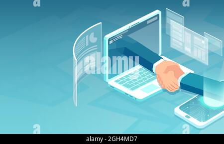 Vector of business people communicating online having agreement and shaking hands. Stock Vector