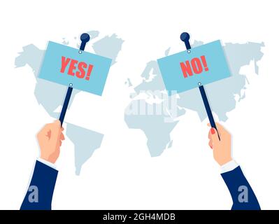 Vector of a Yes and No banner in man and woman hands on a world map background. Stock Vector