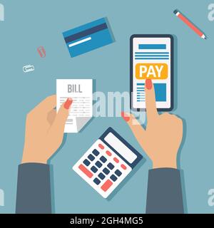 Mobile payment concept. Vector of a businesswoman paying bills online using internet  banking app Stock Vector
