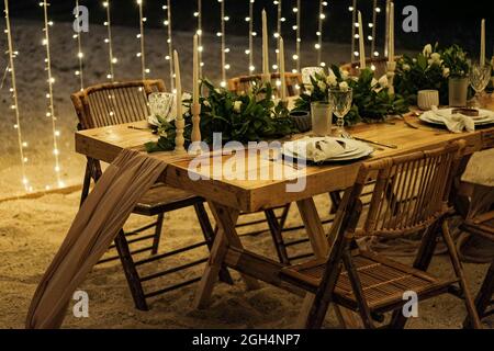 beach dinner romantic set up Stock Photo