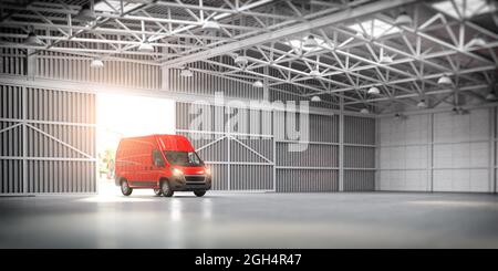 Delivery van in empty warehose. 3d illustration Stock Photo