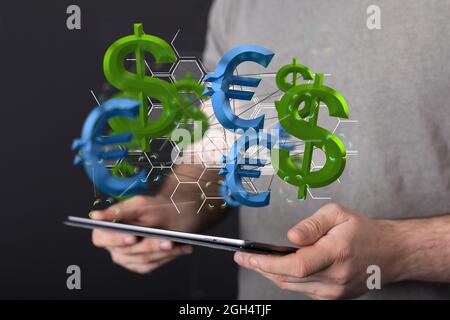 A digital concept of the dollar versus euro network, euro and dollar signs floating on the hand Stock Photo