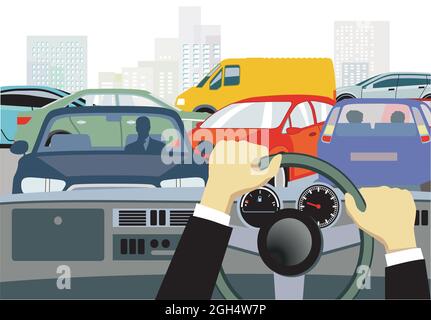 Cars in traffic jam on the intersection in a city Stock Vector