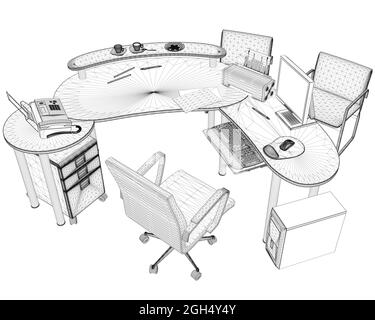 Wireframe of office worker workplace with computer, monitor, telephone and other from black lines isolated on white background. 3D. Vector illustratio Stock Vector