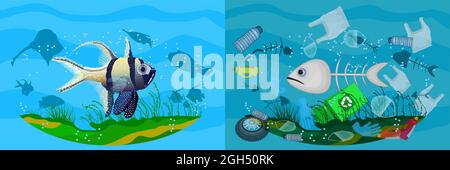 Stop ocean pollution. Poster with difference between clean and dirty sea. Clear water with fish and polluted water with fishbones and garbage. Vector Stock Vector