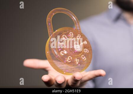 A concept of cybersecurity and information or network protection, 3d lock floating on the hand Stock Photo