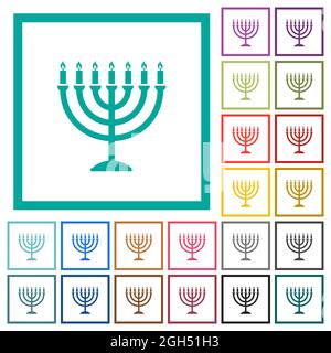 Menorah with burning candles solid flat color icons with quadrant frames on white background Stock Vector