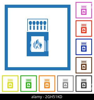 Box of matches flat color icons in square frames on white background Stock Vector