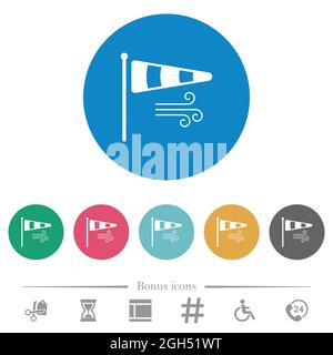 Windsock indicator with wind solid flat white icons on round color backgrounds. 6 bonus icons included. Stock Vector