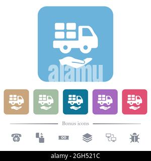 Courier services solid white flat icons on color rounded square backgrounds. 6 bonus icons included Stock Vector