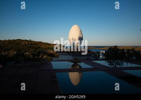 A sculpture of a giant egg on top of the Salvador Dali House Museum, in the village of Port Lligat,  Cadaqués, on Cap de Creus peninsula, Costa Brava, Stock Photo