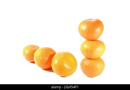 Stack and Row of Mandarin Oranges Isolated on White Backdrop Stock Photo