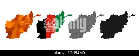Vector set of maps and provinces of Afghanistan. Outline of the state border on a white background in different colors. Stock Vector