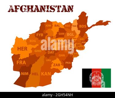 Detailed vector silhouette of Afghanistan and its provinces with abbreviated names. Outline of the state border on a white background. Stock Vector