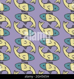 Vector seamless pattern with geometrically arranged fish. Design with fish in cartoon style. Stock Vector