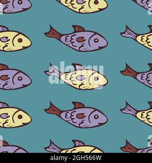 Vector seamless pattern with multicolored fish. Cute fish in cartoon style. Stock Vector