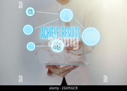 Writing displaying text Achieve Results. Word for to succeed in finishing something or reaching an aim Lady Holding Tablet Pressing On Virtual Button Stock Photo