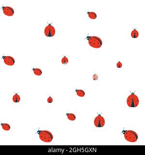 Ladybugs seamless pattern. Cute ladybug or ladybird simple flat design red and black. Vector illustration isolated on white background. Stock Vector