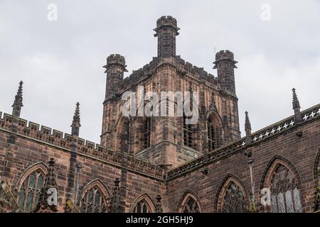 Looking up at a corner Chester Cathedral seen in September 2021 in the city centre. Stock Photo