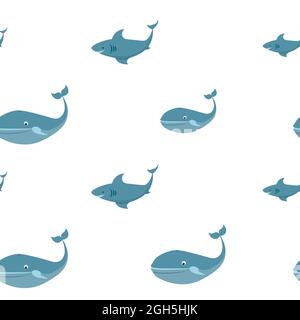Seamless pattern with whale and shark marine life. Pattern for textiles, gift wrapping. Stock Vector