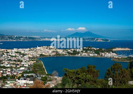 landscape of Miseno its promontory and lake from Procida mount Naples, Italy Stock Photo