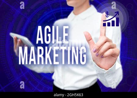 Conceptual caption Agile Marketing. Word Written on focusing team efforts that deliver value to the endcustomer Lady In Uniform Standing Hold Phone Stock Photo