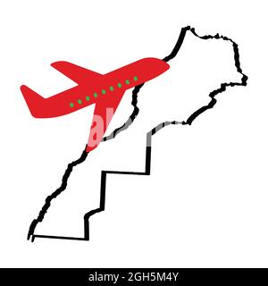 Jet plane flying up with Morocco Map, 3D Morocco Map Outlines,Airplane on the map. Travel concept. Close up Stock Vector