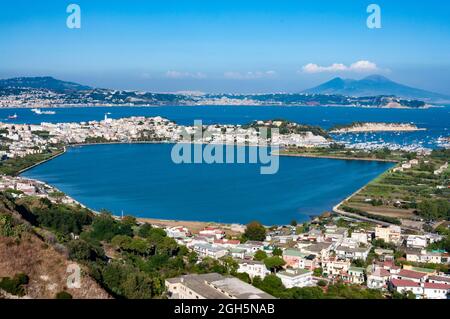 landscape of Miseno its promontory and lake from Procida mount Naples, Italy Stock Photo