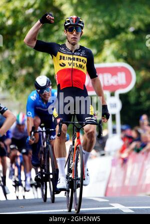 Team Jumbo-Visma's Wout Van Aert wins stage one of the AJ Bell Tour of Britain from Penzance to Bodmin. Picture date: Sunday September 5, 2021. Stock Photo