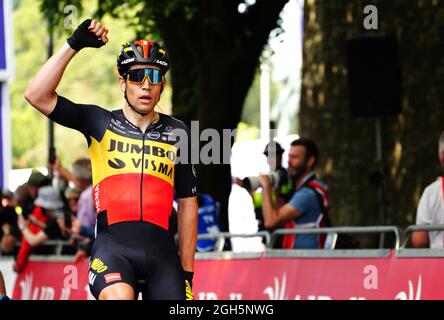 Team Jumbo-Visma's Wout Van Aert wins stage one of the AJ Bell Tour of Britain from Penzance to Bodmin. Picture date: Sunday September 5, 2021. Stock Photo