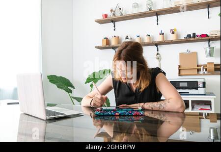 female graphic designer using netbook and tablet with stylus while working on project at table in creative studio Stock Photo
