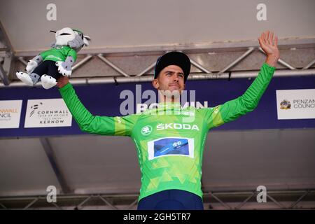 Canyon dhb Sungod's Jacob Scott celebrates becoming reigning King of the Mountain after stage one of the AJ Bell Tour of Britain from Penzance to Bodmin. Picture date: Sunday September 5, 2021. Stock Photo