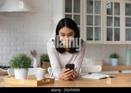 Smiling young asian woman using cellphone apps. Stock Photo