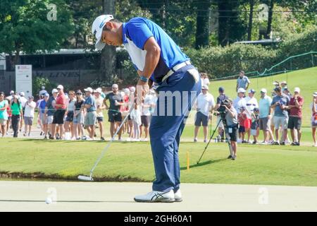 Atlanta, Georgia, USA. 4th Sep, 2021. Hideki Matsuyama putts the 15th green during the third round of the 2021 TOUR Championship at East Lake Golf Club. (Credit Image: © Debby Wong/ZUMA Press Wire) Stock Photo