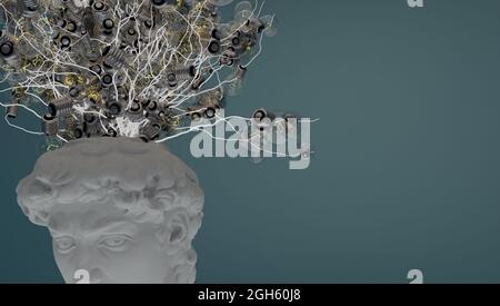 Brainstorming concept. David's head sprouting ideas in the form of light bulbs. 3d rendering Stock Photo