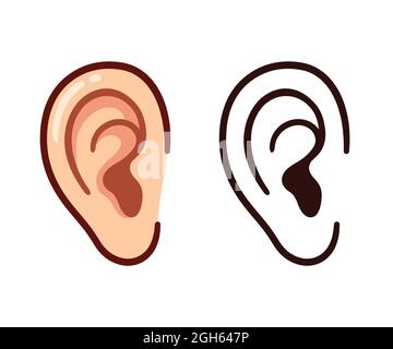 Cartoon human ear icon, simple line drawing. Color and black and white outline. Isolated vector clip art illustration. Stock Vector