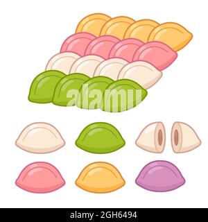 Songpyeon, traditional Korean rice cakes with sweet filling. Set of different colors, cross section. Cute cartoon vector illustration. Stock Vector