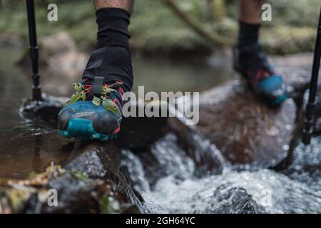 Crop unrecognizable male hiker in trekking boots and with poles crossing river while stepping on wet rocks in forest Stock Photo
