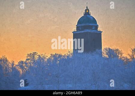 The Suomenlinna lighhouse & church behind frosty trees on a extremely cold winter morning at sunrise in digital art illustration. The Suomenlinna fort Stock Photo