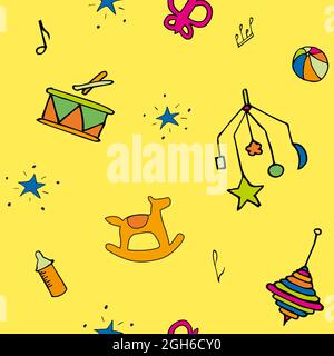 Yellow background pattern with kids toys and feeding bottle, stars and sheet music, balls and drum, horse. Stock Vector